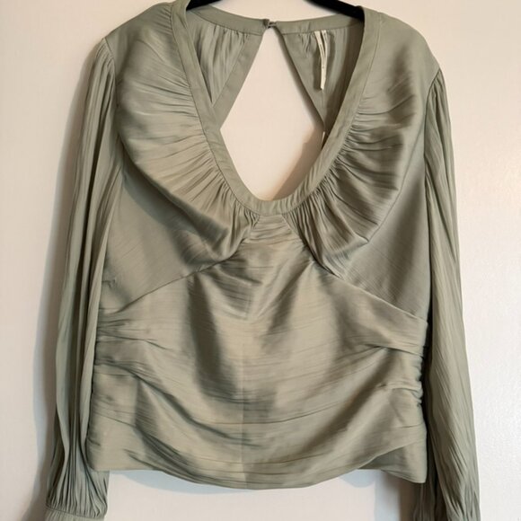 NWT Anthropologie Sage Green Blouson Open Back Satin Top | Petites L Cottagecore - Picture 2 of 8